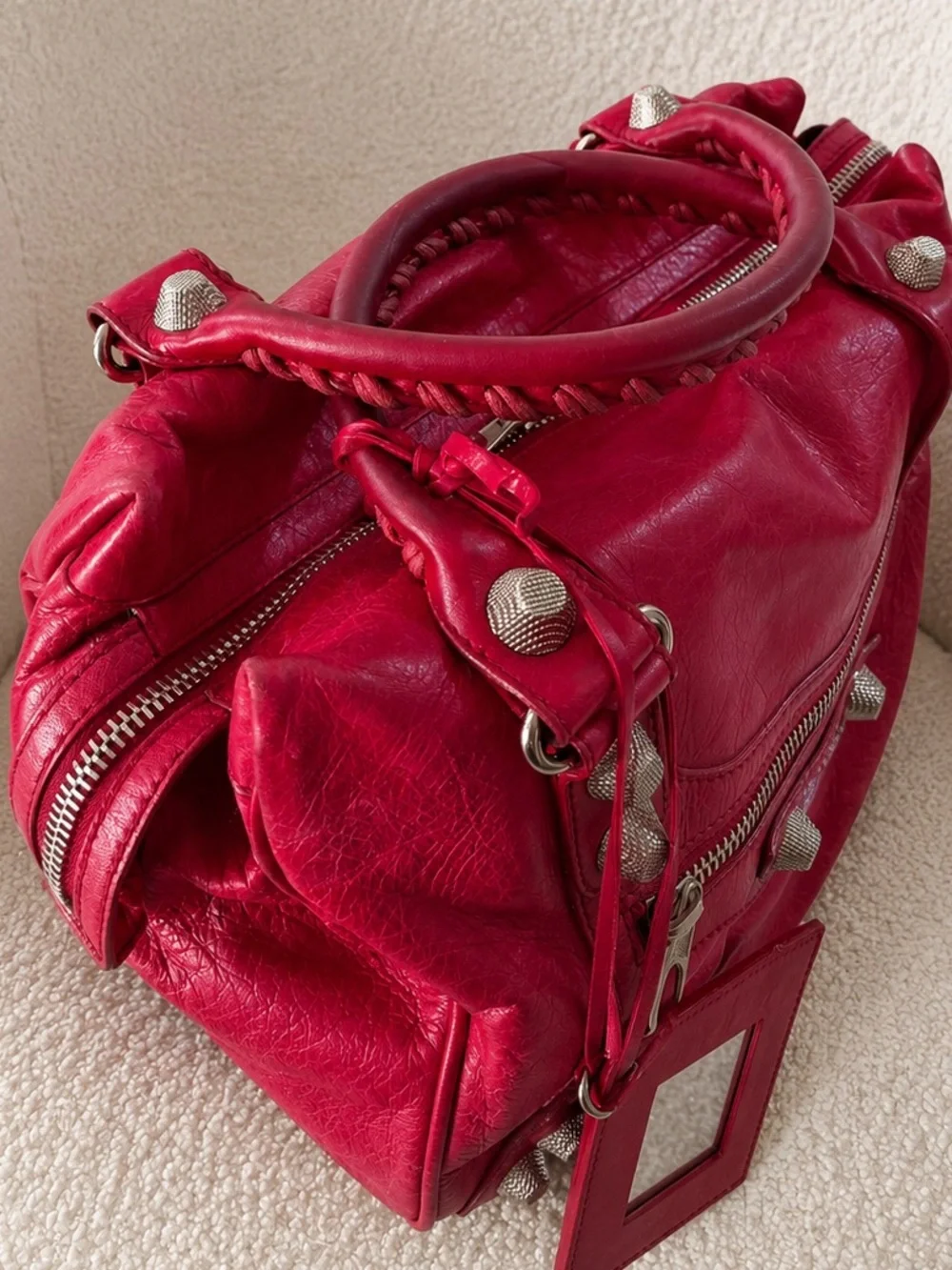 Balenciaga 2009 Ruby Red Lambskin Giant 21 Silver Midday Moto Bag